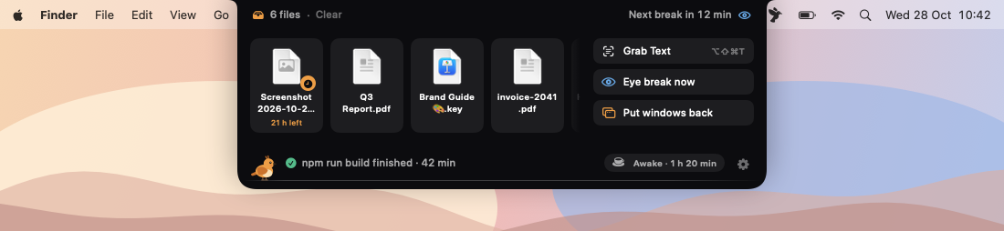 Perch’s ledge open below the notch: six files on the shelf, Grab Text, Eye break now and Put windows back